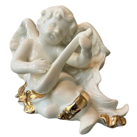 VTG Porcelain White Cherub Angel 24K Gold Sash Playing Harp Sculpture/ Figurine - Picture 3 of 14